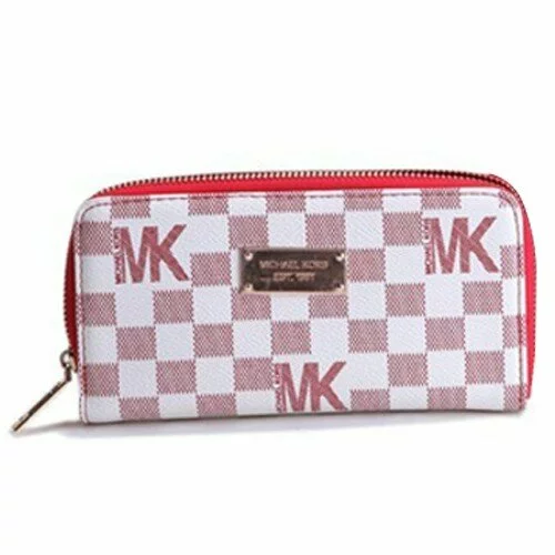 Michael Kors Check Logo Continental Zip Around Large Red Wallets